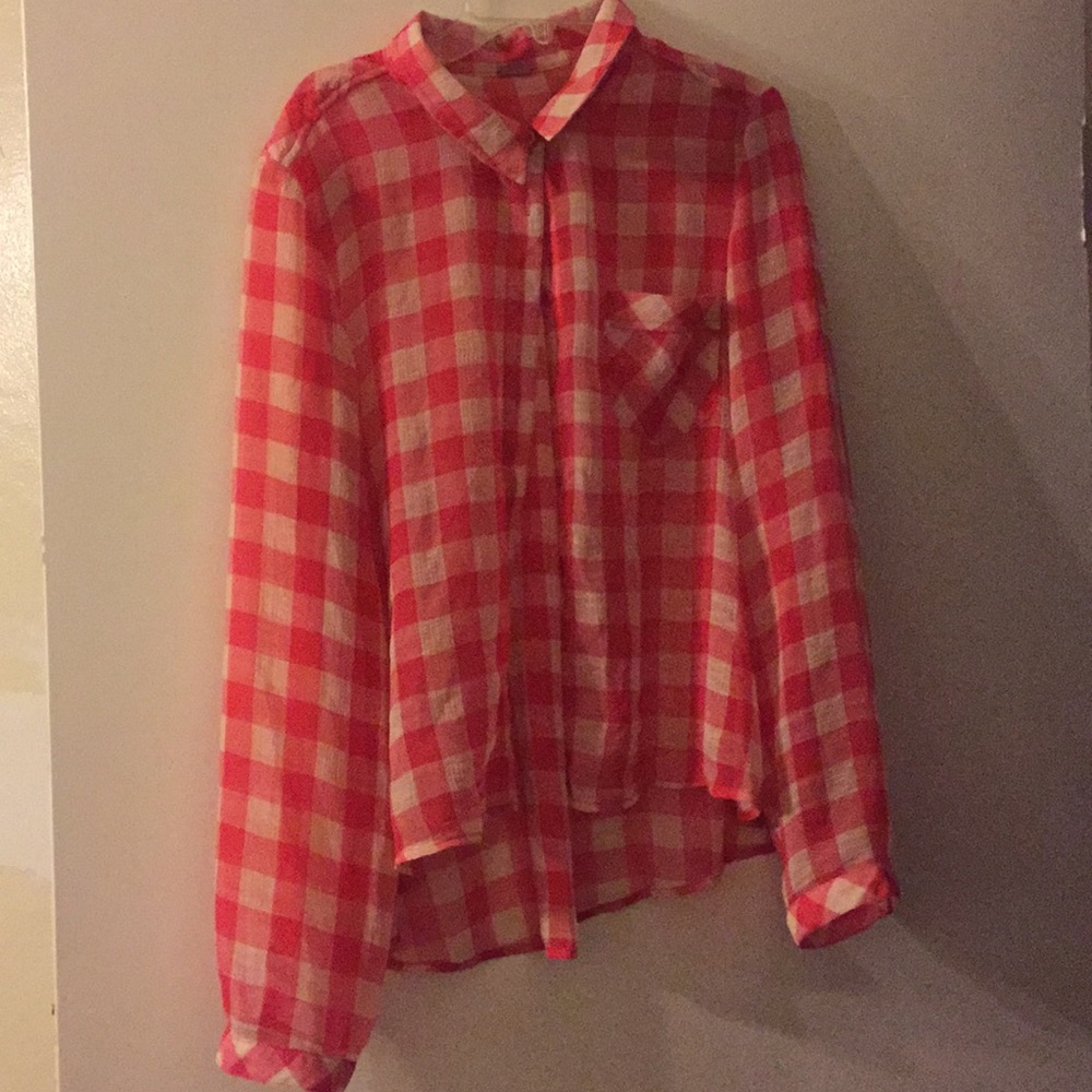 Red and white sheer button down shirt